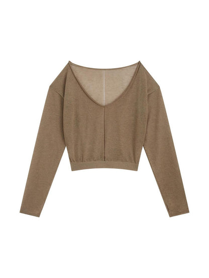 RUN TO THE FUTURE Lyocell Wool Blend Reversible Loose Cropped Boat Neck Knit Long Sleeve T-Shirts