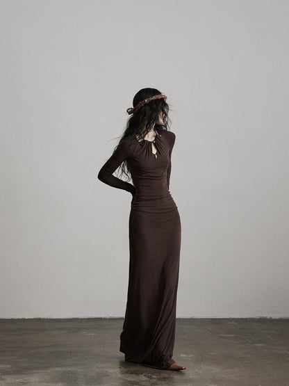 INDULGE Soft Modal Wool Cutout Slim Fit Long Sleeve Casual Brown Bodycon Maxi Dresses