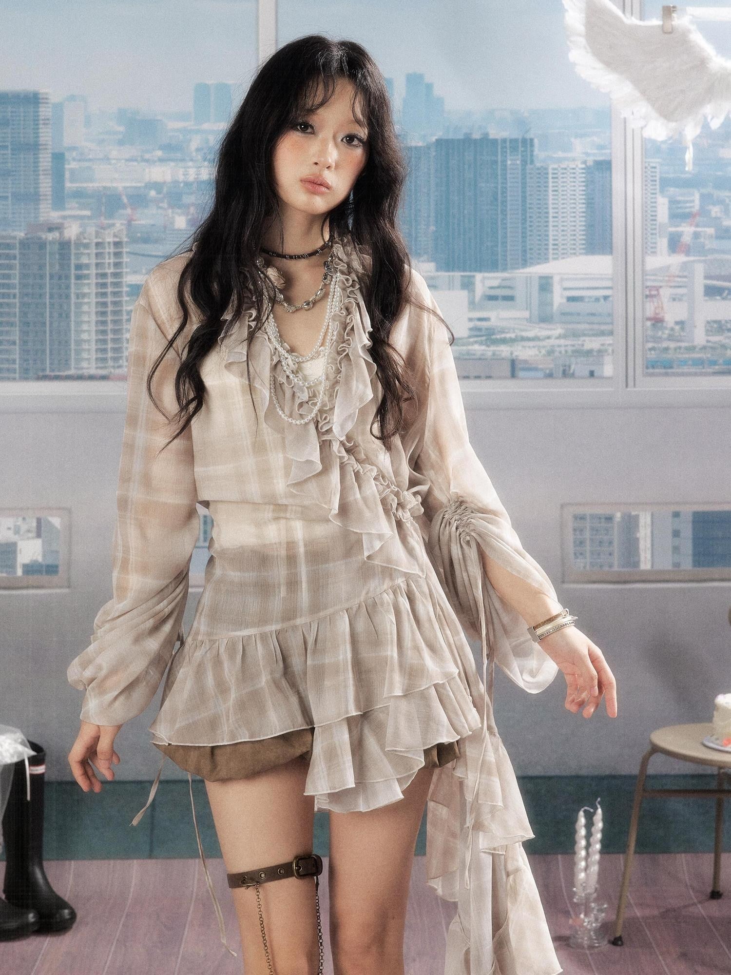 ALL iN plan Vintage Loose Long Sleeve Fairy Beige Plaid Casual Women Polyester Dress