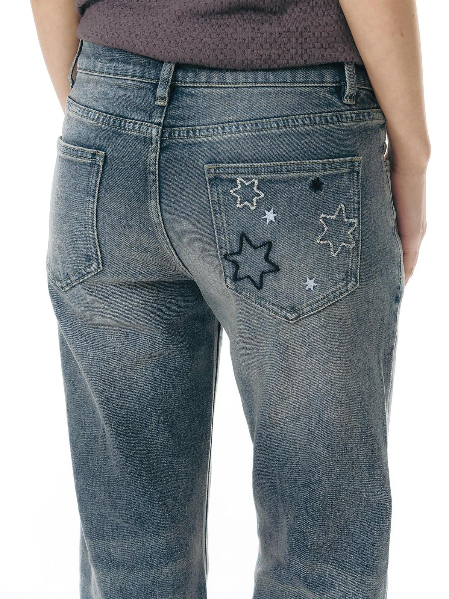 NAPSNAPS Washed Blue Star Embroidered Low Waist Micro Flare Women&