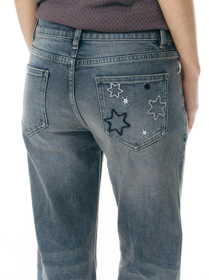 NAPSNAPS Washed Blue Star Embroidered Low Waist Micro Flare Women&