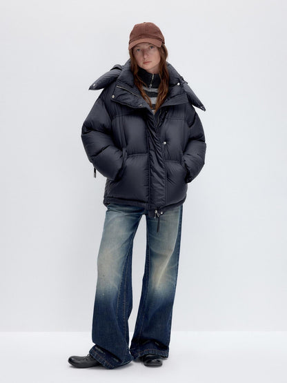 RUN TO THE FUTURE 90 White Duck Down Loose Fit Detachable Hood Midlength Pocket Down Jackets