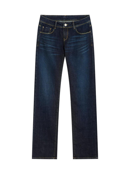 RUN TO THE FUTURE Durable Low Rise Slim Fit Casual Dark Denim Zipper Fly No Stretch Straight Jeans