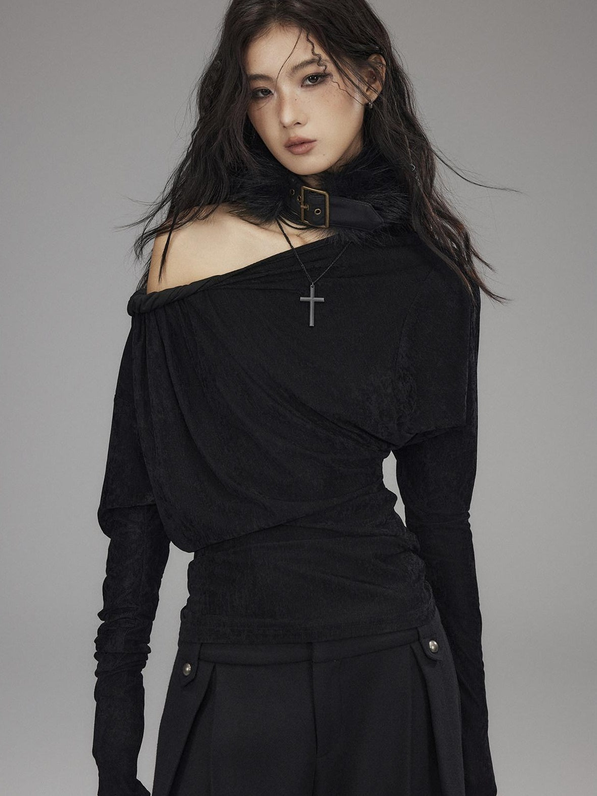 Low pixel Vintage Waist Long Sleeve Slant Neck Black Knit Women Off Shoulder Crop Tops