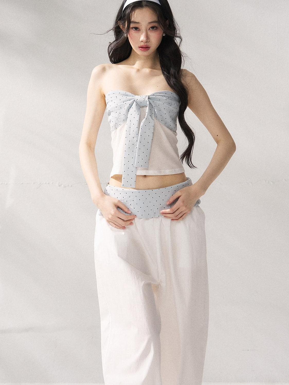 7Shiftin Polka Dot Bow Cropped Three Piece High Waist Sleeveless Women Top &amp; Pants Sets