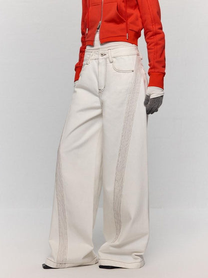 RUN TO THE FUTURE Casual Colorblock Loose Natural Waist Washed Denim High Cotton Wide-Leg Jeans