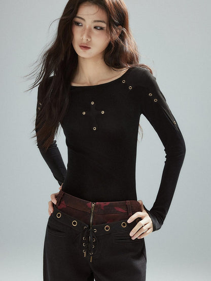 Low pixel Slim Fit Patchwork Casual Crewneck Black Stretch Young Women Long Sleeve T-Shirts