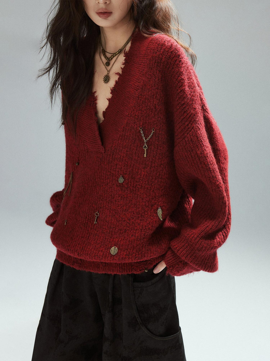 Low pixel Warm Oversized Street Raw Hem Women V-neck Red Pullover Sweaters