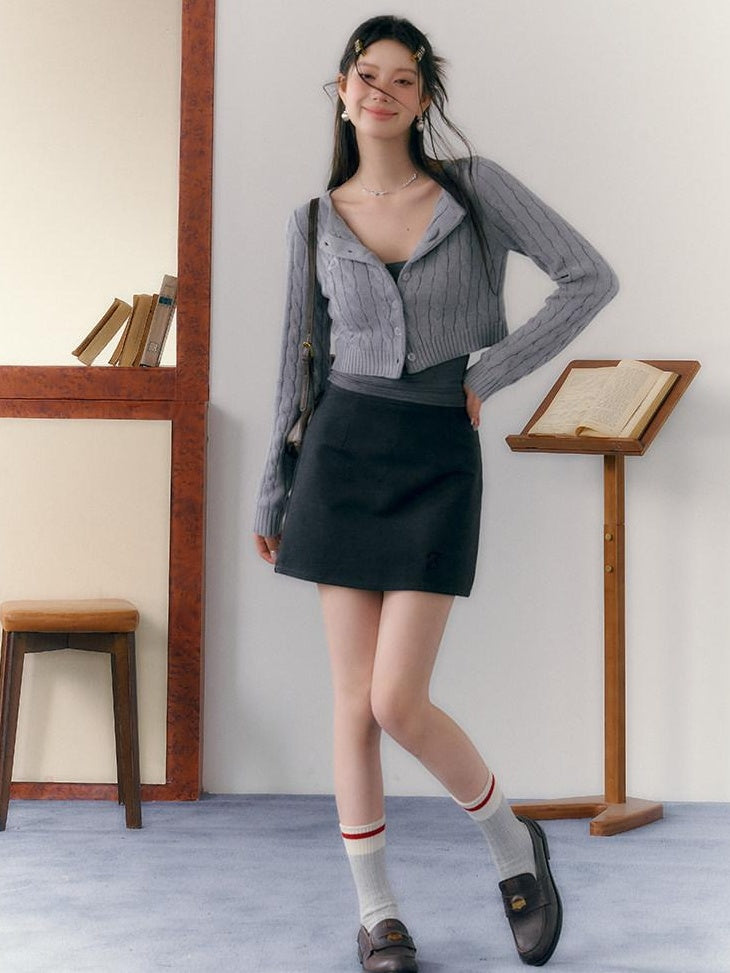 7Shiftin Button V-neck Cardigan Women Workwear Solid Grey Camisole Skirt Top &amp; Skirt Sets