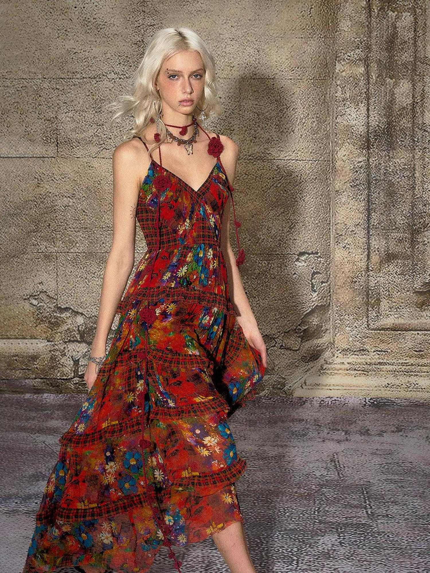 The NeverMore Vintage High Waist A Line Sleeveless V-neck Travel Polyester Maxi Dresses