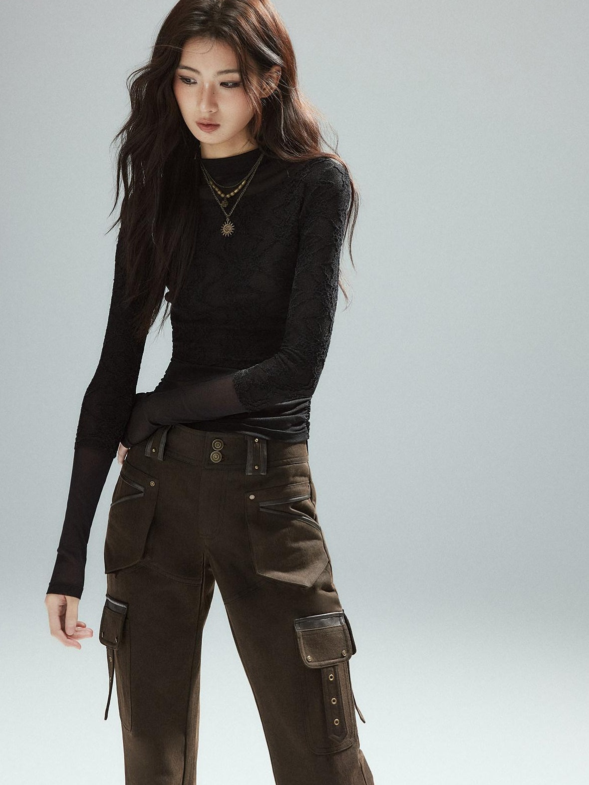 Low pixel Thin Street Slim Fit Faux Two Piece Crew Neck Women Nylon Long Sleeve T-Shirts