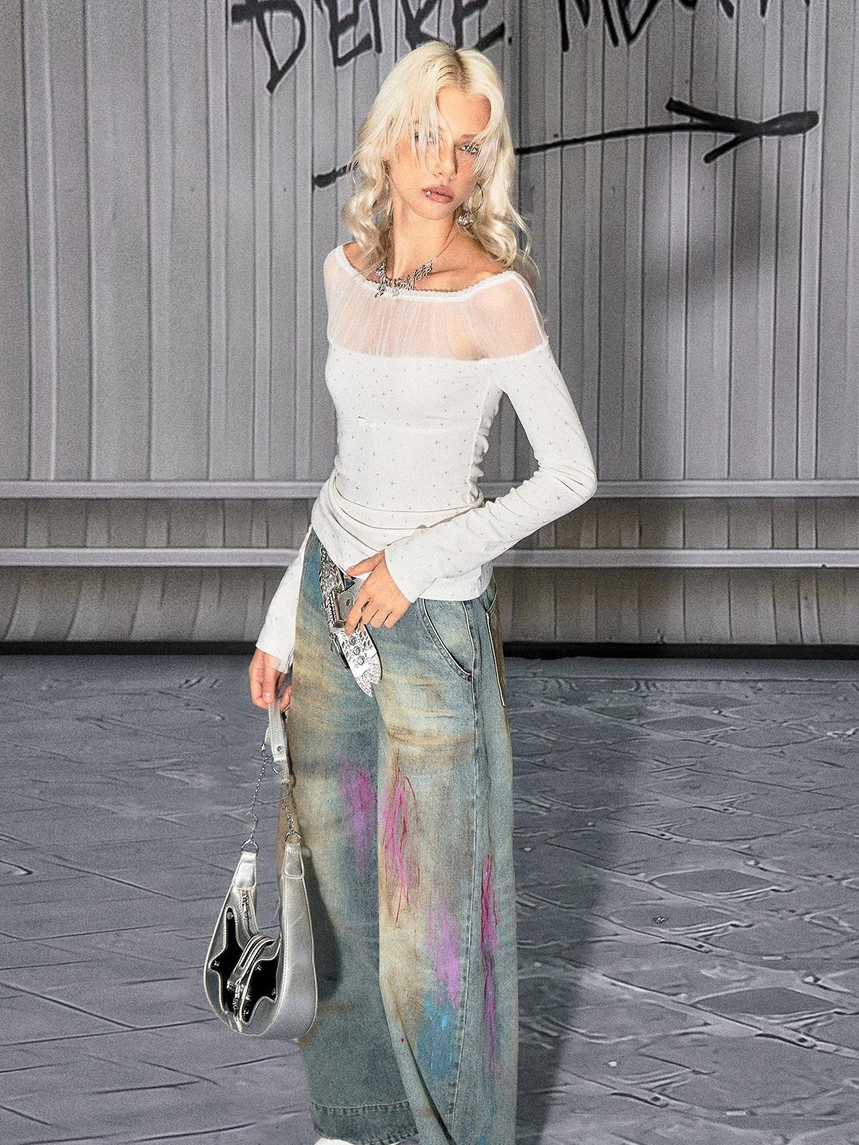 The NeverMore Mesh Splice Casual Slim Fit Bardot Neckline Women White Long Sleeve Crop Tops