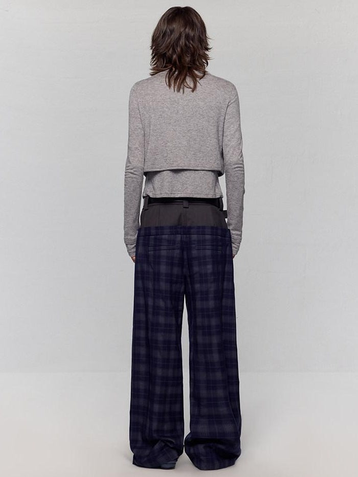 RUN TO THE FUTURE Original Double Waist Pockets Low Rise Wide Leg Women Blue Grey Plaid Chinos