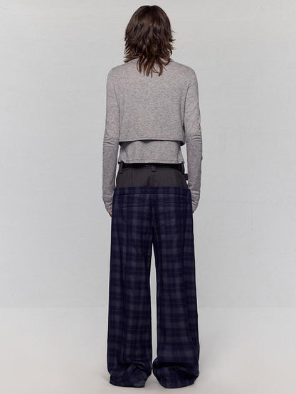 RUN TO THE FUTURE Original Double Waist Pockets Low Rise Wide Leg Women Blue Grey Plaid Chinos