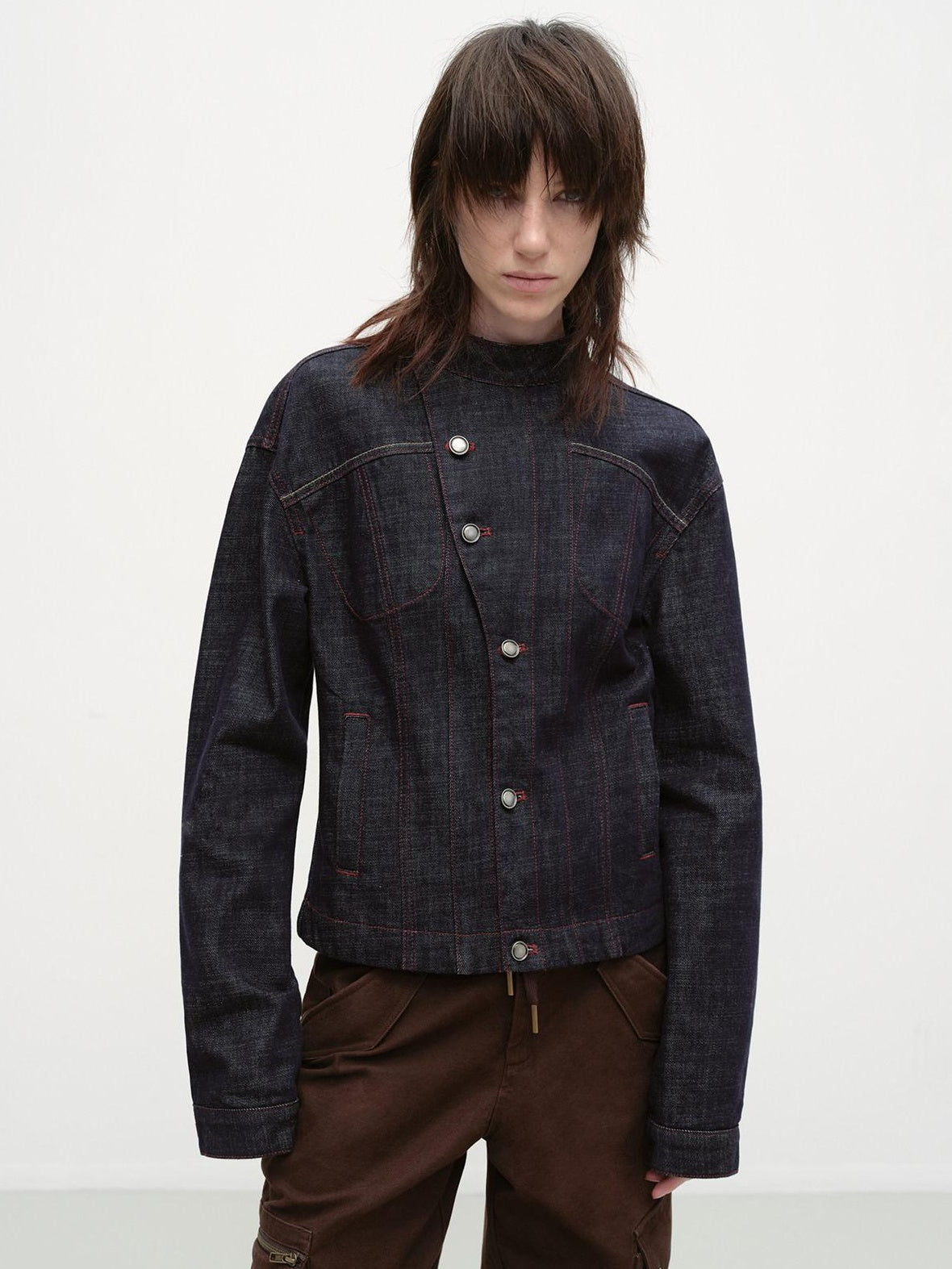 RUN TO THE FUTURE Vintage Asymmetric Fitted Waist Unisex Dark Indigo Cotton Button Denim Jackets