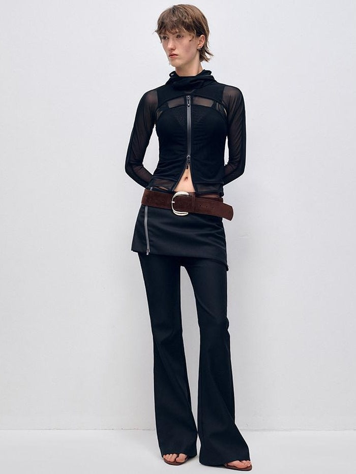 RUN TO THE FUTURE Low Waist Zip Slim Minimal Microflare Women Classic Black Flare Pants