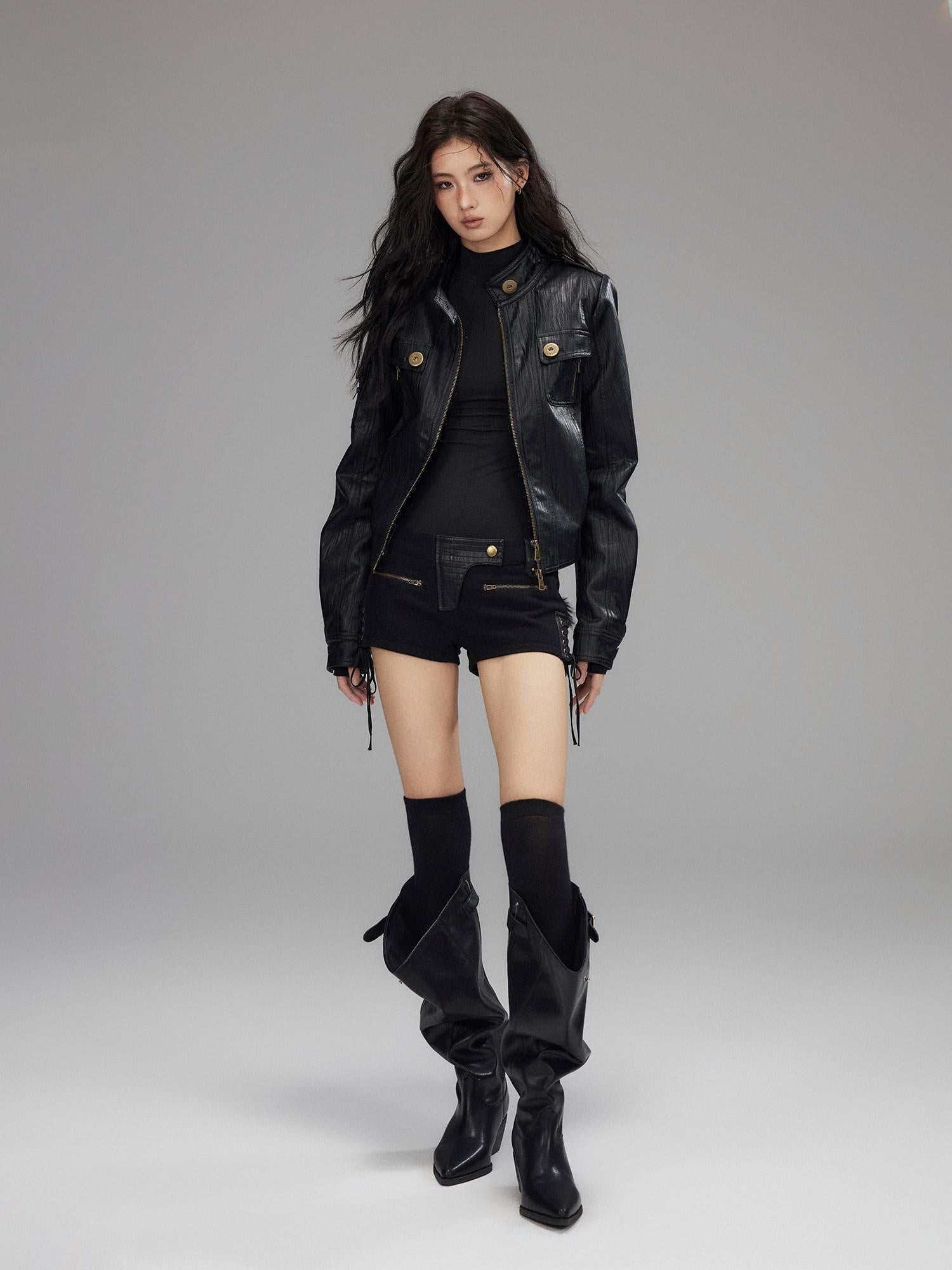 Low pixel Insulated Waist Cinch Workwear Multipocket Lapel Zip Black Women Leather Jackets