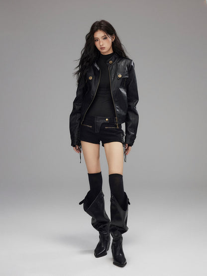 Low pixel Insulated Waist Cinch Workwear Multipocket Lapel Zip Black Women Leather Jackets