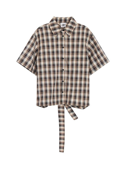 RUN TO THE FUTURE Skin Friendly Breathable Vintage Slim Tie Women Plaid Button Collar Shirts