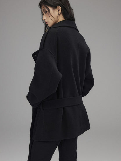 Low pixel Warm Oversized Street Midlength Notch Lapel Wool Cashmere Black Wool Coats