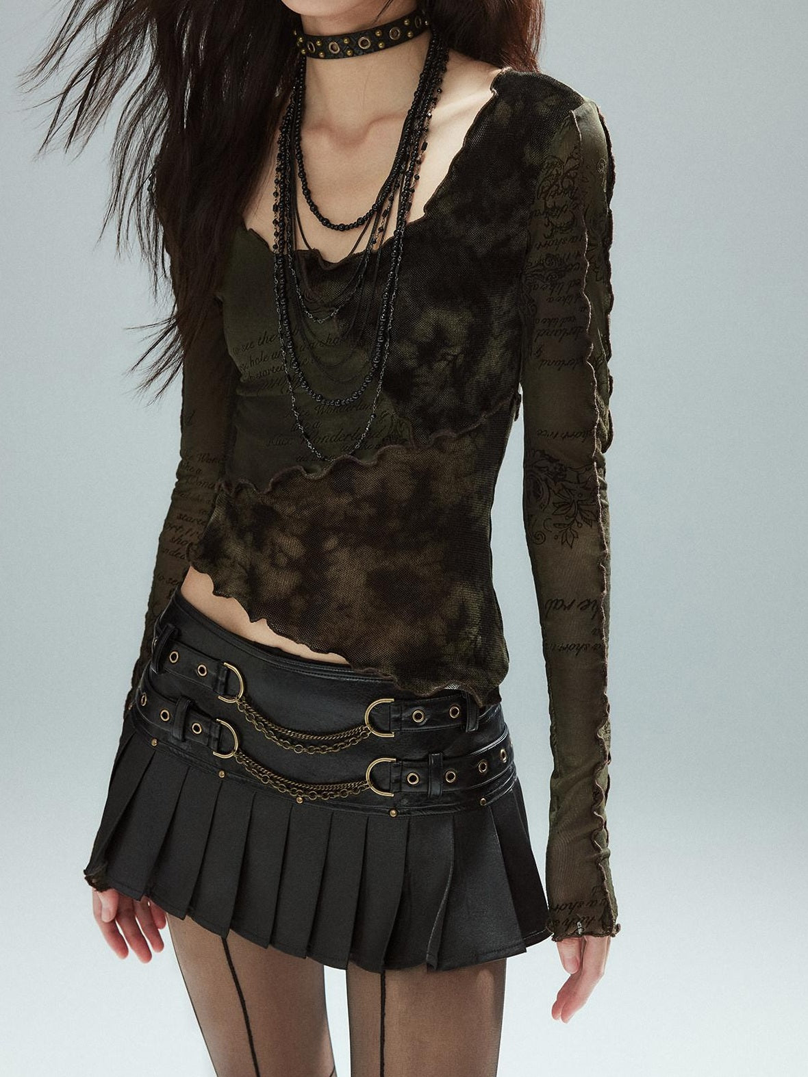 Low pixel Low Waist Pleated A Line Street Patchwork Chain Zipper Lined Black Mini Skirts
