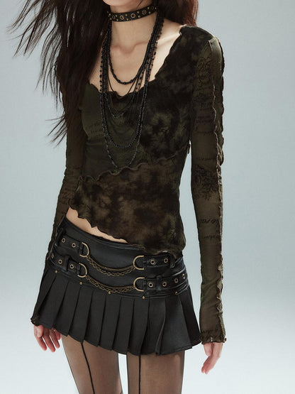 Low pixel Low Waist Pleated A Line Street Patchwork Chain Zipper Lined Black Mini Skirts