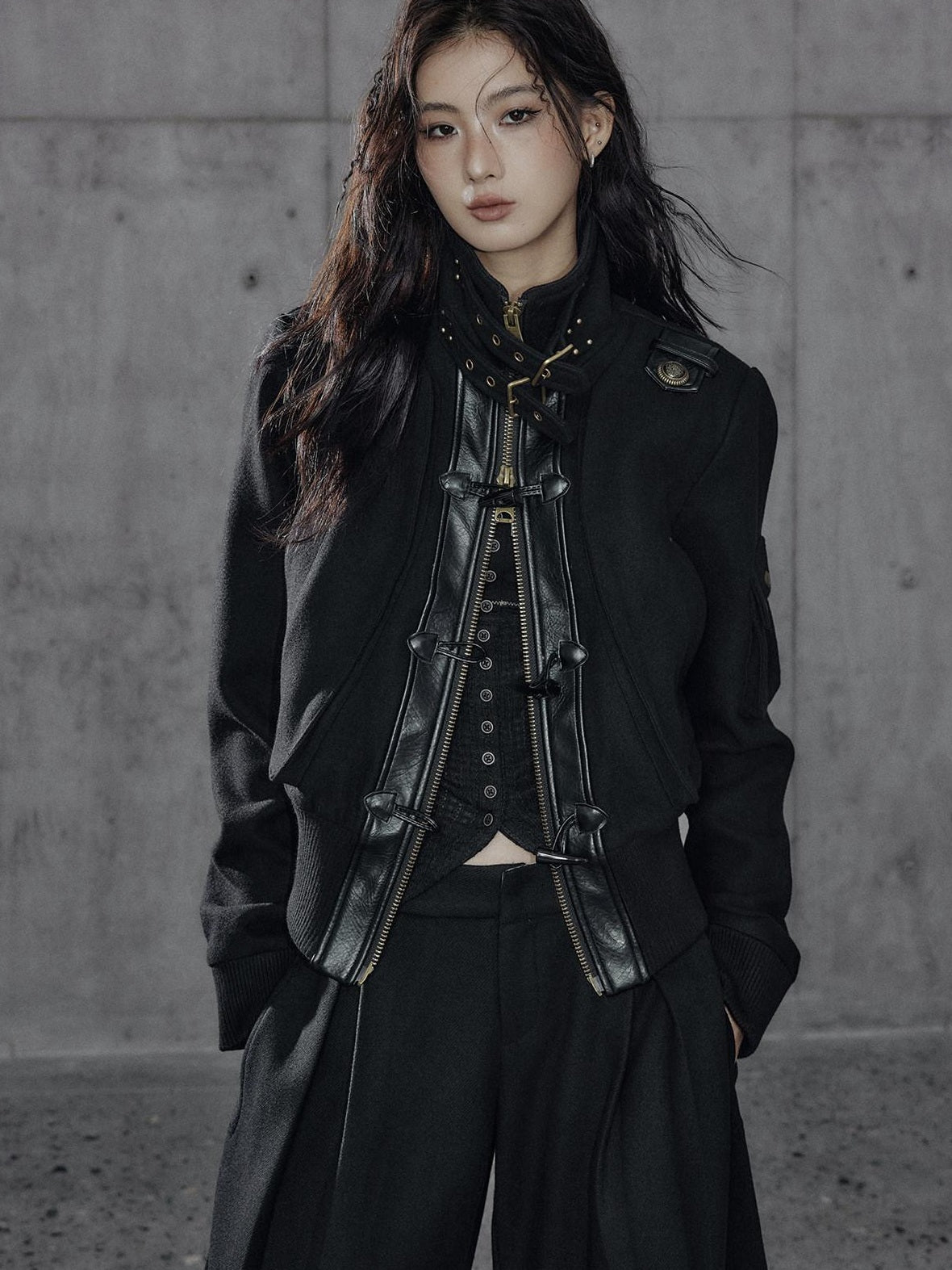 Low pixel Thick Wool Blend Slim Fit Street Hippie Stand Collar Black Cropped Jackets