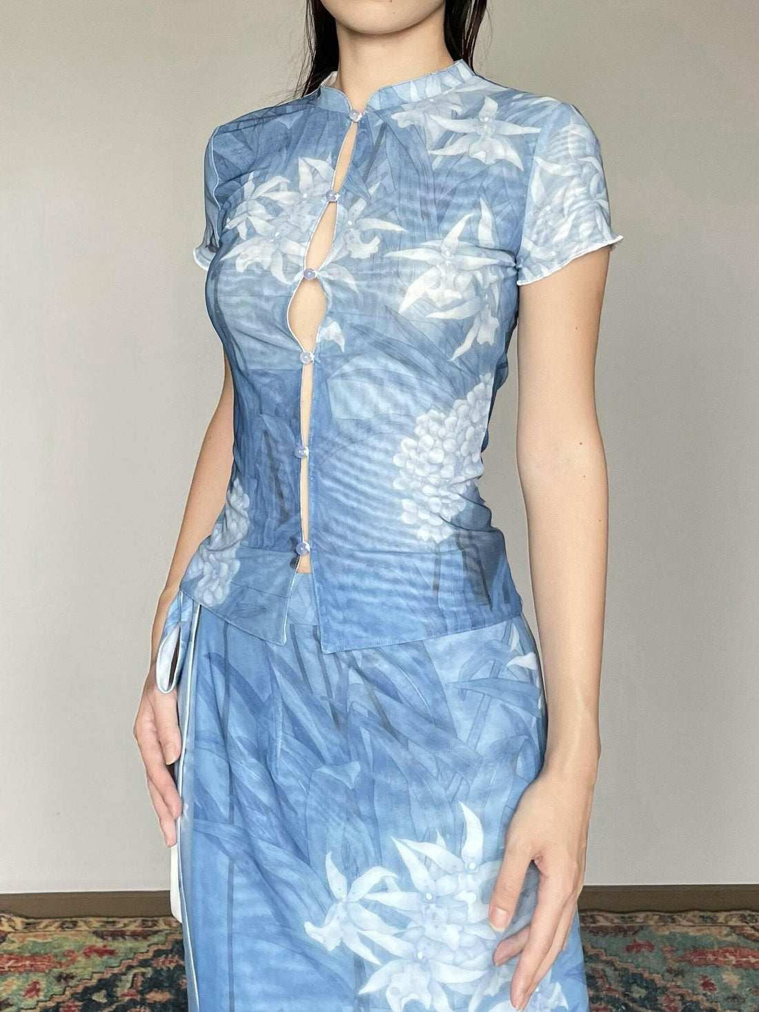 Wet Tail Breathable Vintage Short Cheongsam Floral Casual Chinese Short Sleeve Blouses