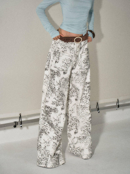 The NeverMore Leopard Cotton Zipper Natural Waist Loose Fit Sexy Women Wide Leg Jeans
