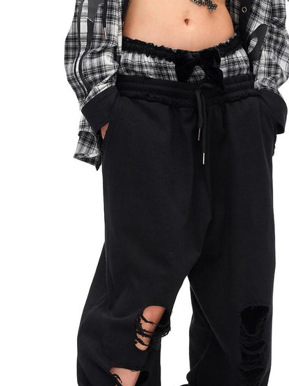 CFIERCE Velvet Bow Asymmetrical Distressed Faux Two Piece Women&