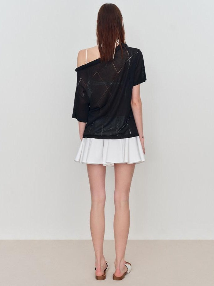 RUN TO THE FUTURE Viscose Knit Loose Cutout Slanted Neck Black Cross Print Short Sleeve T-Shirts