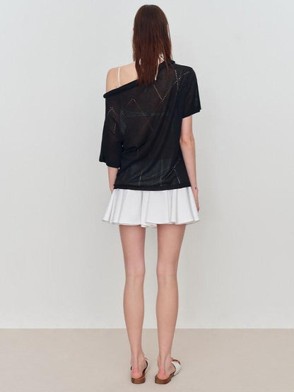 RUN TO THE FUTURE Viscose Knit Loose Cutout Slanted Neck Black Cross Print Short Sleeve T-Shirts