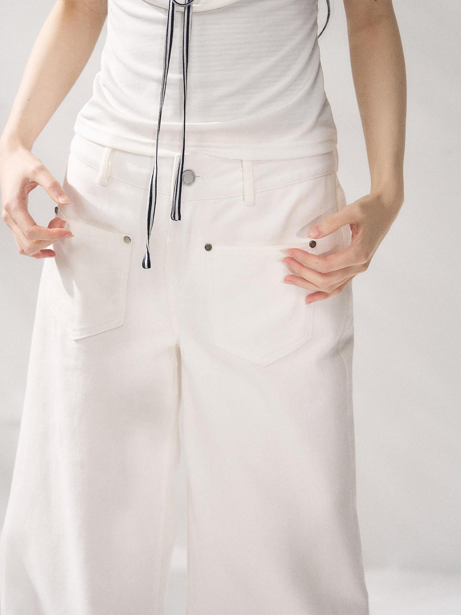 7Shiftin Button Front Natural Waist Casual White Flowy Wide Leg Pants