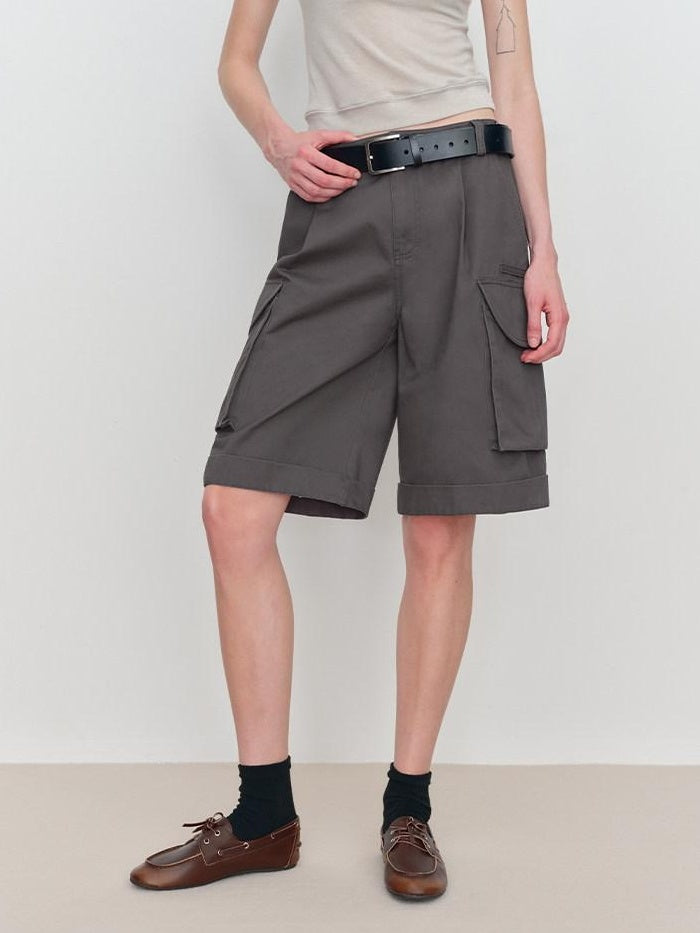 RUN TO THE FUTURE Low Rise Pockets Wide Leg Loose Cotton Women Dark Gray Zip Fly Short Trousers