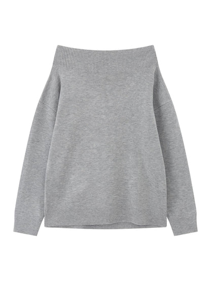 RUN TO THE FUTURE Vintage Commuter Loose Tie Asymmetric Neck Women Grey Knit Long Sleeve T-Shirts