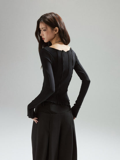 Low pixel Patchwork V-neck Slim Street Girls Lyocell Black Long Sleeve T-Shirts