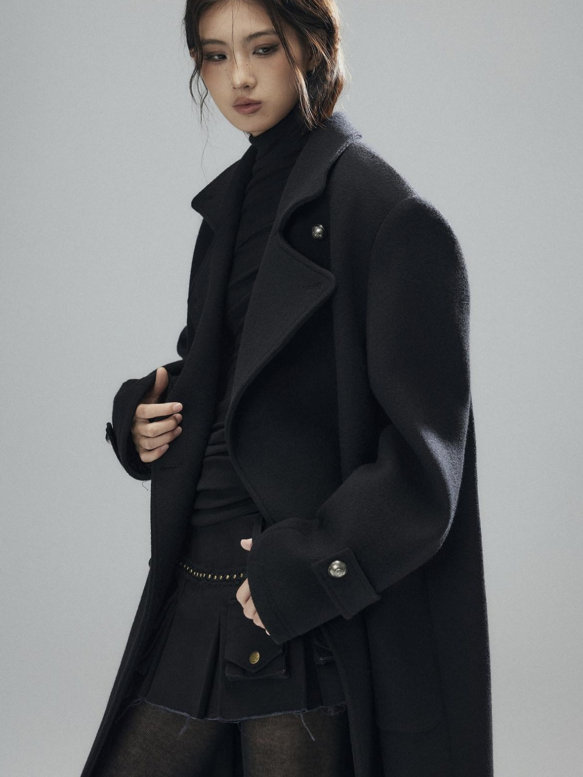 Low pixel Warm Wool Blend Street Oversized Double Breasted Notch Collar Black Wool Coats
