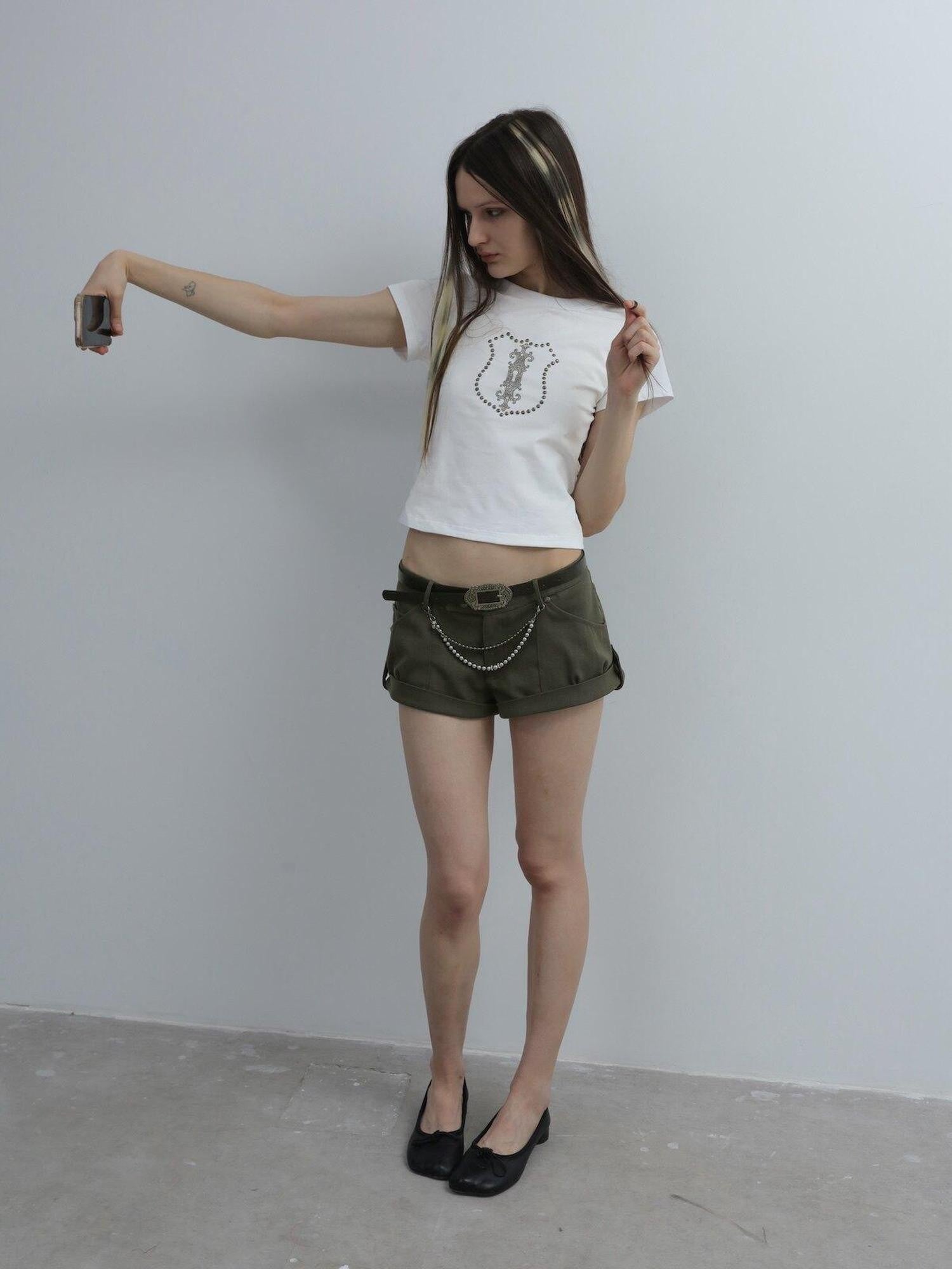 DoublePunch Cropped Hotfix Rhinestone Slim Fit Vintage Women&