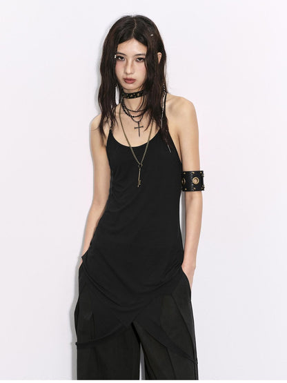 Low pixel Soft Bamboo Fiber Stretch Spaghetti Strap Pullover Black Midi Dresses