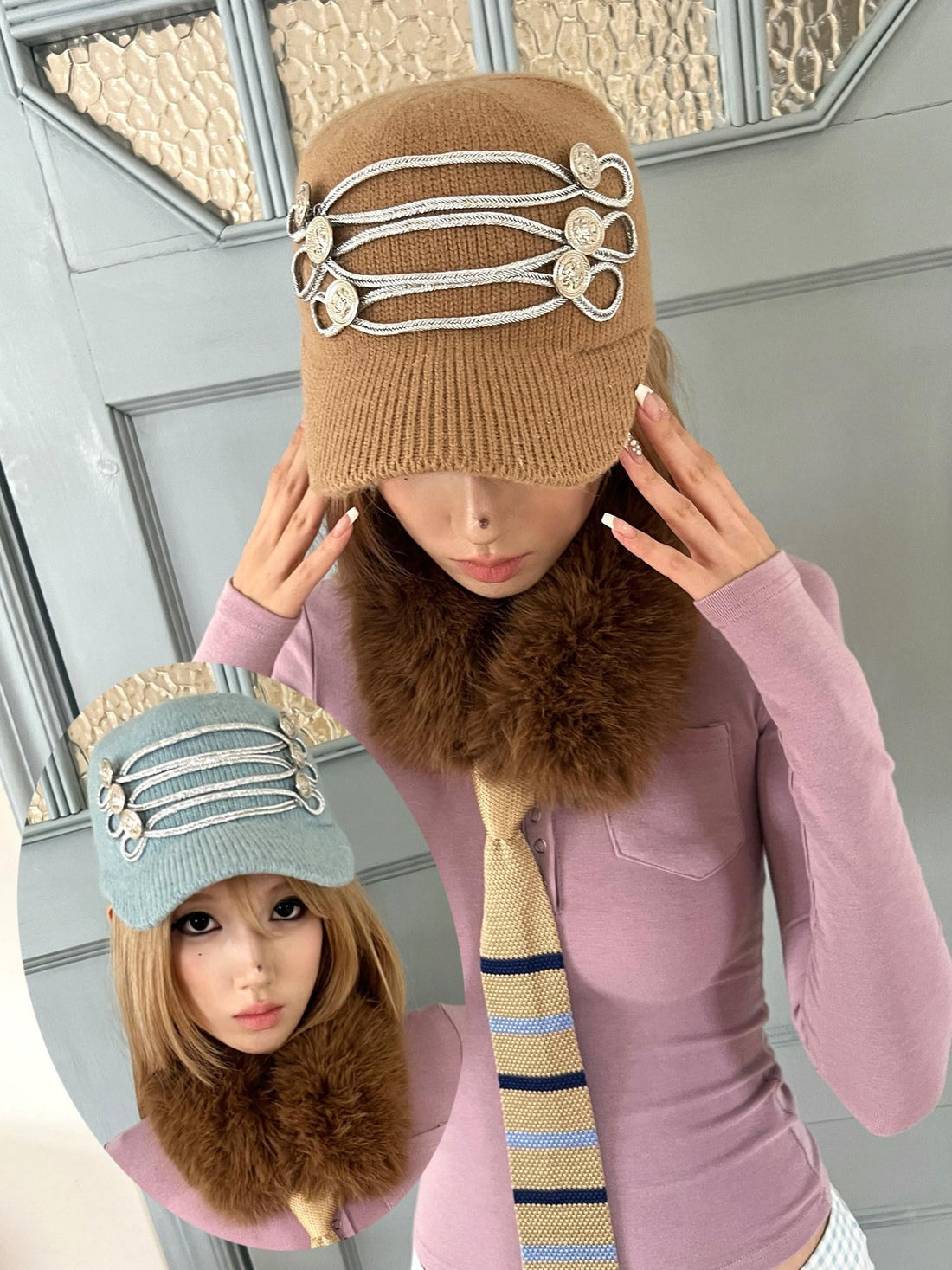 nit alcove Cozy Thermal Knit Curved Brim Casual Unisex Large 58 To 60 Cm Blue Brown Caps