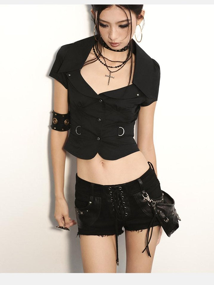 Low pixel Haut court basique noir pour femme en coton, coupe ajustée, à manches courtes, avec fermeture éclair sur le devant