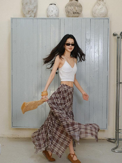 FU FRESH UP Vintage Plaid Print Irregular A Line High Waist Women&