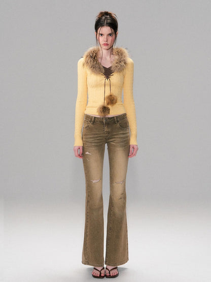 The NeverMore Viscose Blend Slim Fit Faux Layered Cropped Knit Pullover Girls Yellow Sweaters