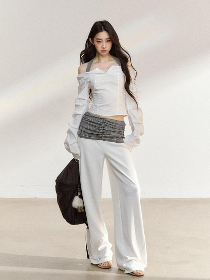 7Shiftin Recycled Fiber Stripe Patchwork Natural Waist Loose Women Wide Leg Pants