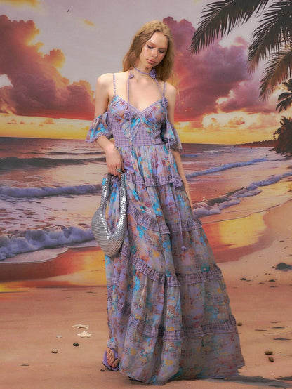 The NeverMore High Waist A Line V-neck Strappy Street Women Blue Purple Polyester Maxi Dresses