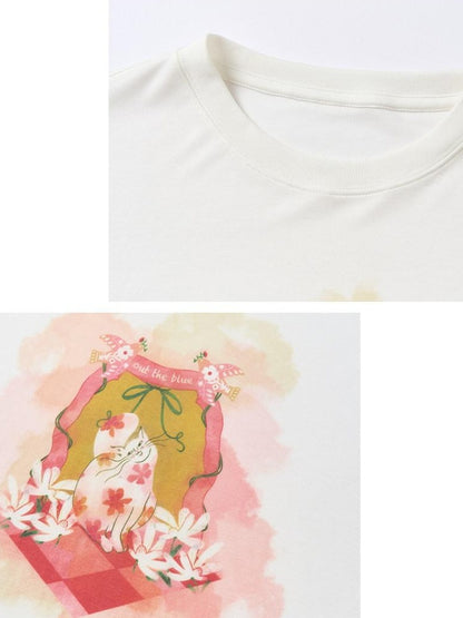OuttheBlue Cat Garden Print Casual Loose Drop Shoulder Round Neck Long Sleeve T-Shirts