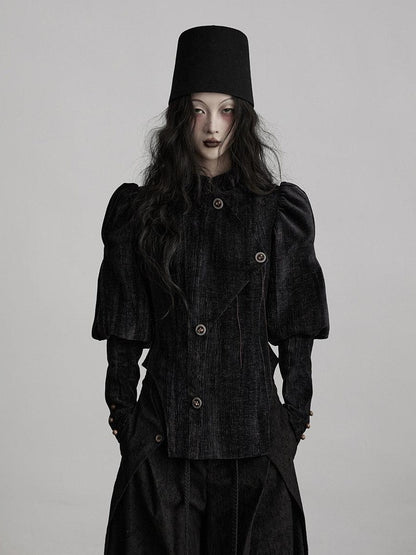 INDULGE Stretchy Waist Cinch Gothic Loose Fit Button Front Women Black Cropped Jackets