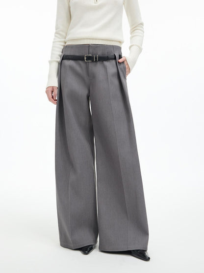 RUN TO THE FUTURE Low Rise Jacquard Minimal Casual Women Light Heather Gray Wide-Leg Pants