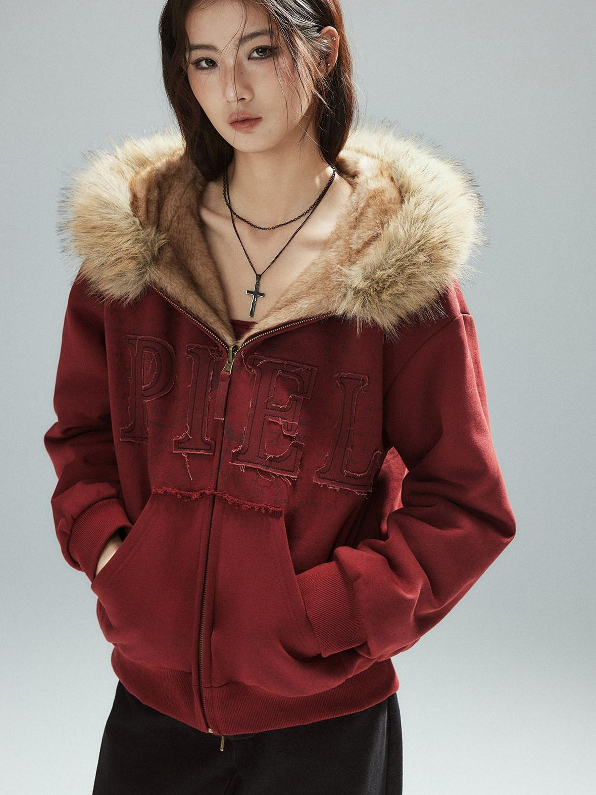 Low pixel Thick Warm 100 Percent Cotton Street Loose Fit Zip Up Women Red Oversized Hoodie