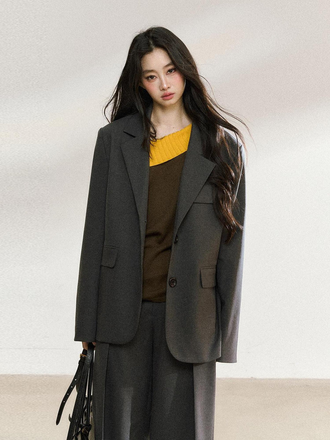 7Shiftin Light Polyester Relaxed Fit Midlength Longsleeve Women Office Dark Gray Blazers